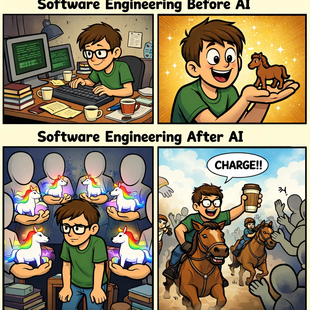 A 2d comic strip
Title: "Software Engineering Before AI"
Top-Left Section: A simple 2d cartoon coder working hard in his chaotic room surrounded by books, design tools and computers running some generic terminal code. 
Top-Right Section: and finally after few seconds he is able to conjure a beautiful toy horse on his palm. his face brightens up with joy. 

Title: "Software Engineering After AI"
Bottom-left Section - Many anonymous people with no face have surrounded the coder and showing beautiful glowing rainbow unicorn on their palm. Disappointed coder
Bottom-Right Section - Coder appears from his room and seconds later comes back ridding horses charging towards those anonymous people.